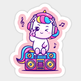 Cute Unicorn Listening Music On Boombox Cartoon Sticker